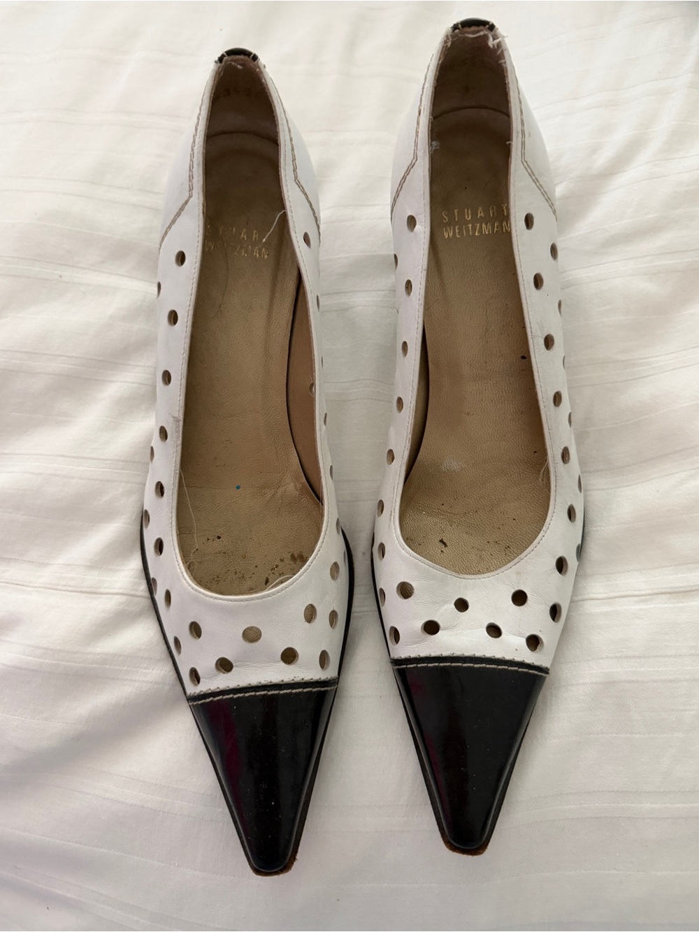 Stuart Weitzman White Leather Pointed Flats with Black Cap Toe